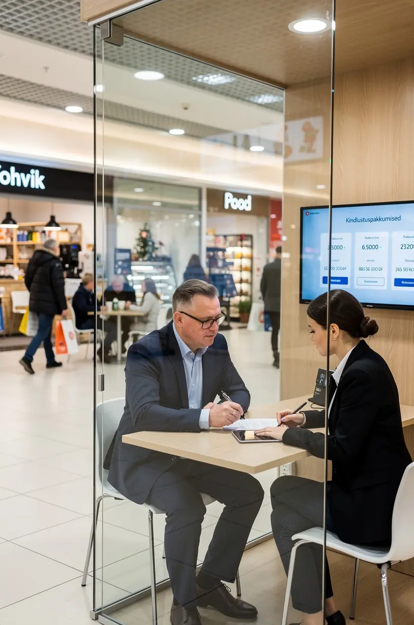Vaade kaubanduskeskuse kindlustuslauale koos näidispoliisidega ja infomaterjalidega