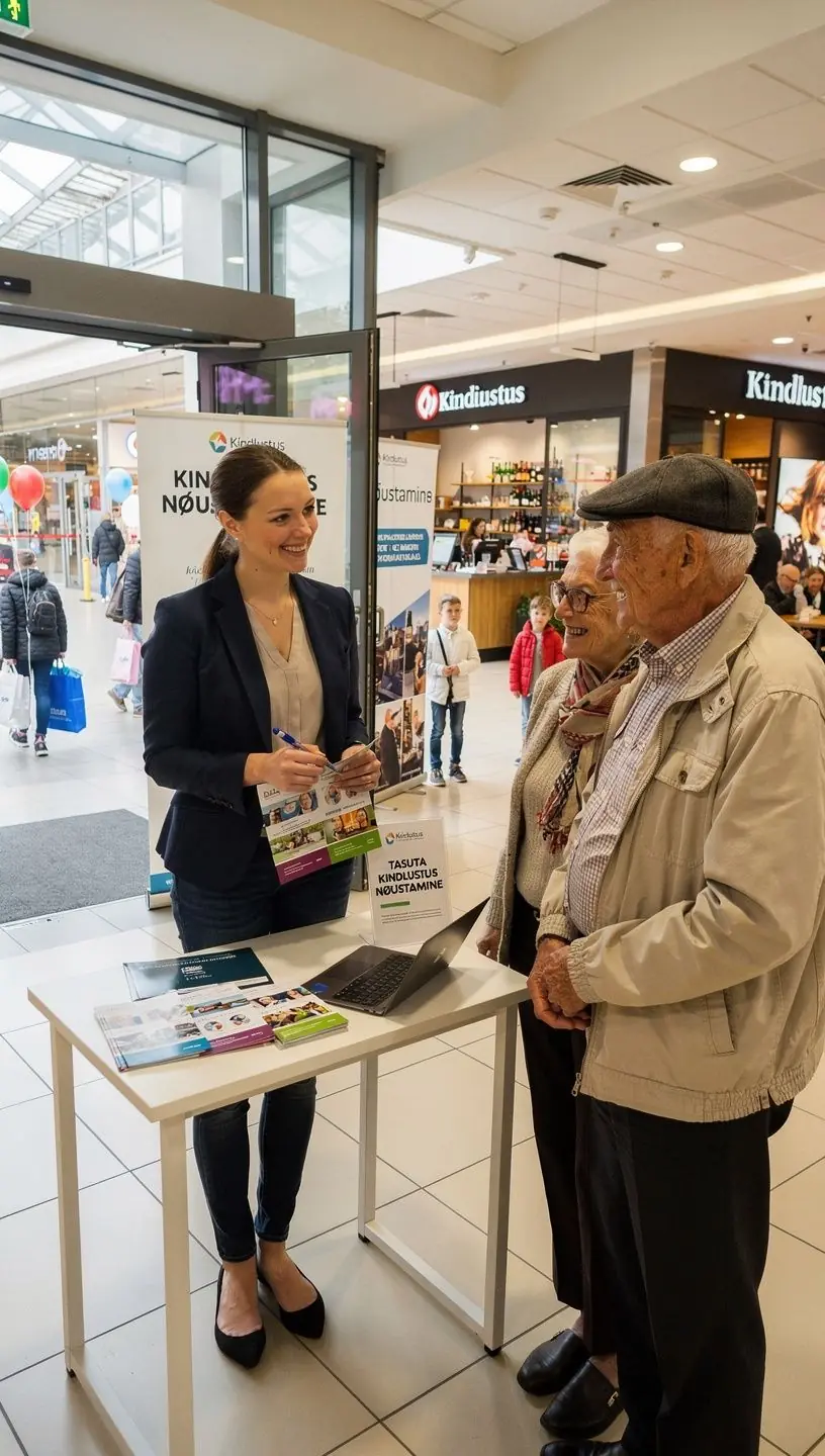 Kliendid uurivad autokindlustuse pakkumisi spetsiaalses infopunktis ostukeskuses